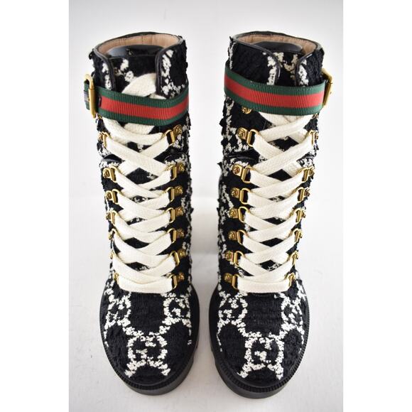 Gucci Black White GG Logo Tweed Lace Up Tie Block Heel Lug Sole Combat Boot 36.5 - Picture 10 of 16